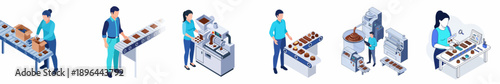 Isometric Chocolate Production Process with People and Machines Illustration