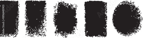 Set of five black grunge distressed texture frame with transparent background, collection of rough edges square and circle shapes