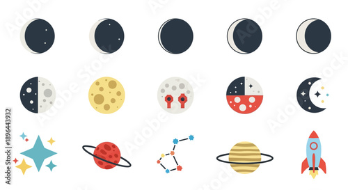 Collection of Space and Moon Phases Icons and Illustrations.