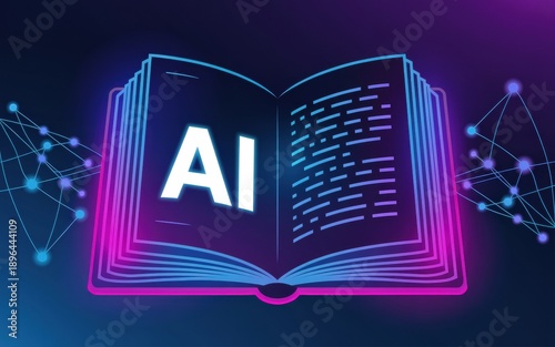 Vector art of an open book with glowing neon outlines, showcasing 'AI' and text, representing the expansive world of artificial intelligence.