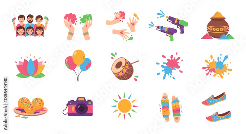 Holi Festival Icons Collection Celebrating Indian Culture and Traditions.