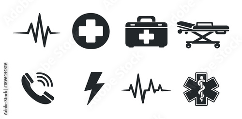 Medical emergency icons: heartbeat, stretcher, first aid, ambulance, communication symbols