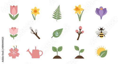 Spring season flat icon set with flowers and plants.