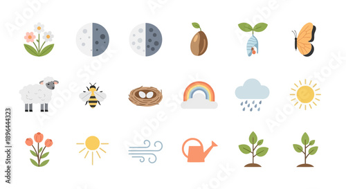 Spring Season Icons Collection Nature Elements and Weather Symbols.