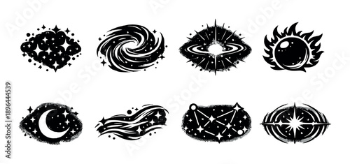 Set of cosmic tattoo designs featuring celestial symbolism with stars, planets, and constellations