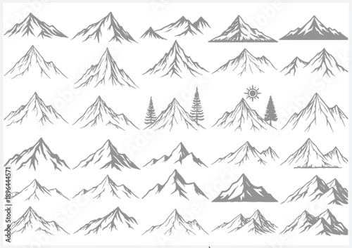 Collection of various mountain range illustrations in different styles and perspectives