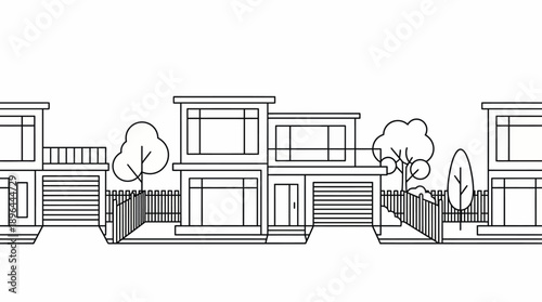 Modern residential building complex with fenced yards and trees.