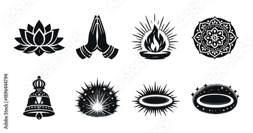 Set of spiritual symbols including mandala, lotus, and praying hands