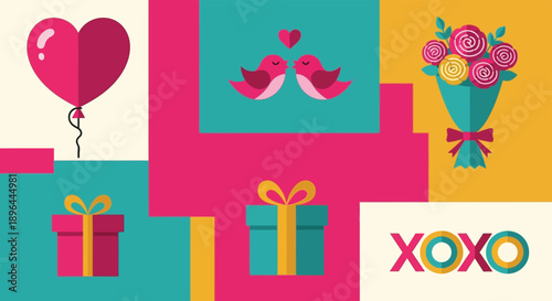 A colorful Valentine's Day graphic illustration with gifts, flowers, and love symbols