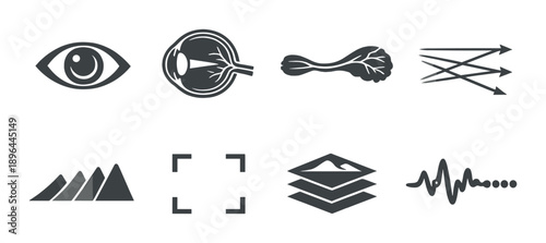 Abstract symbols representing vision, optics, and sound concepts on dark background