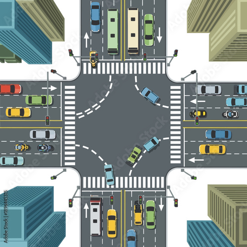 Busy city intersection with traffic flow from above, cars, buses, and motorcycles
