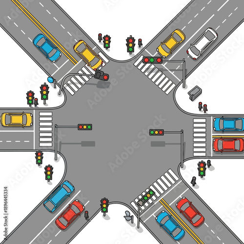 Busy Crossroads With Traffic Lights and Cars