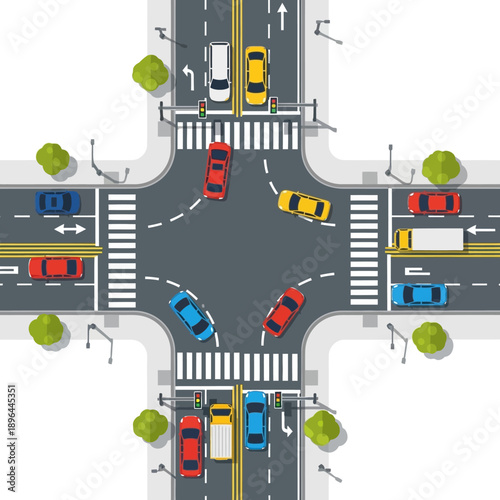 Busy City Intersection with Traffic Flow and Pedestrian Crosswalks
