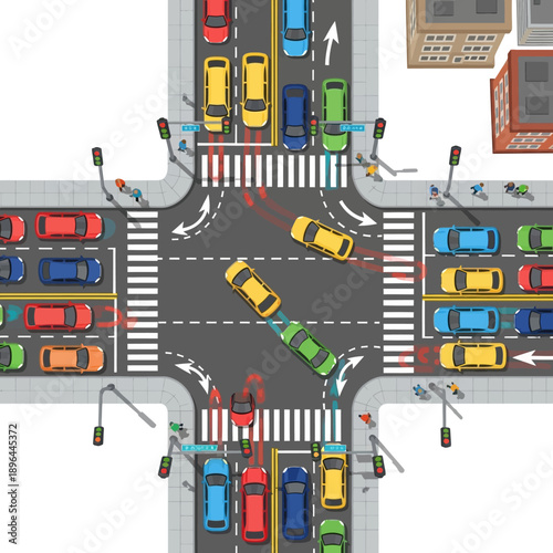 Busy Intersection Traffic Jam: Cars Stuck at Crossroads with Traffic Lights