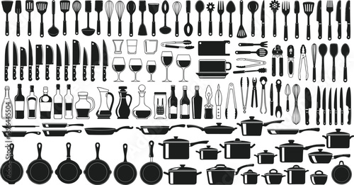 Kitchen utensil silhouette set, cookware drinkware icon, cooking tool symbol design, culinary equipment graphic artwork, black white, flat vector illustration