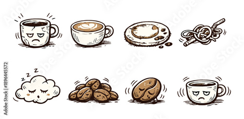 Coffee, cloud, potato, and pretzel characters express emotions in cartoon style