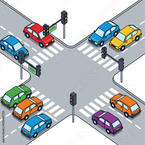 Isometric Crossroads Intersection with Cars and Traffic Lights