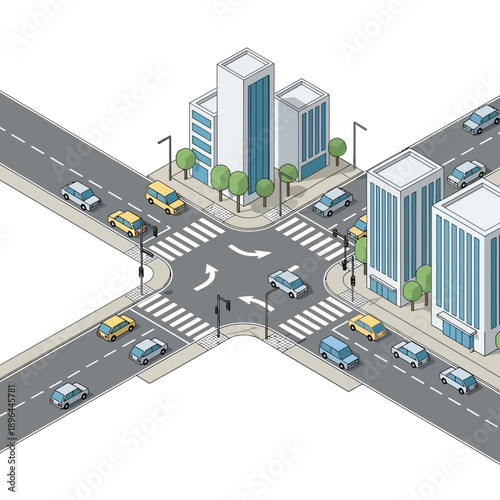 Isometric City Intersection with Cars and Buildings
