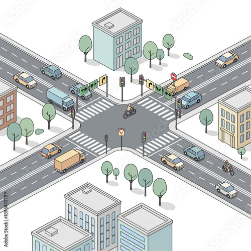 Isometric City Intersection with Traffic and Buildings, Urban Street Scene