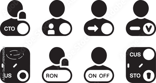 Set of black and white user profile and control interface icons with various labels and toggle switches Vector