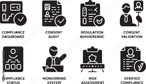 Essential icons for comprehensive business compliance, regulation, audit, and risk management systems Vector