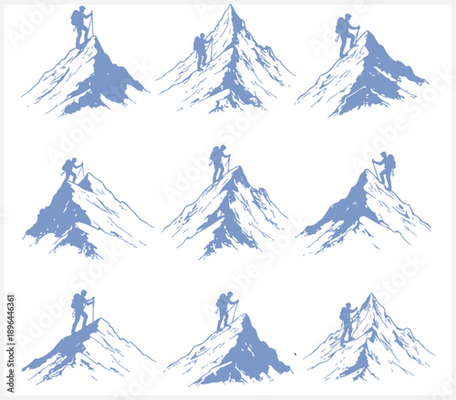 Snowy mountain peaks in a blue watercolor style