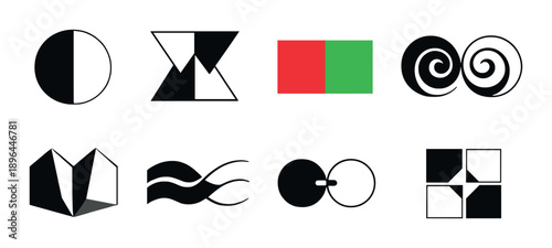 Abstract black icons on gray gradient background with red green center