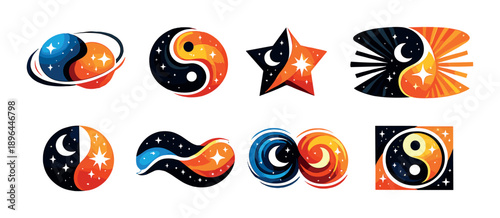 Celestial yin yang designs with stars and moons in vibrant colors