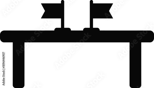 Cartoon silhouette illustration of table with two flags on poles, symbolizing diplomacy, competition, or ceremonial setting.
