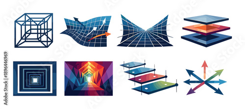 Abstract geometric designs: cubes, grids, layers, arrows, vibrant colors