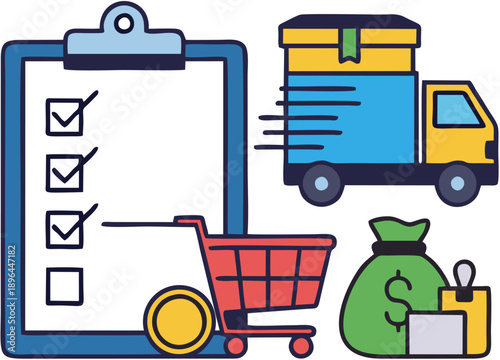 Shopping Cart Checklist Truck Money Bag.