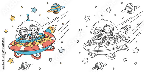 A coloring book page with a vector art of adorable astronaut kids flying on a pizza UFO spaceship in space