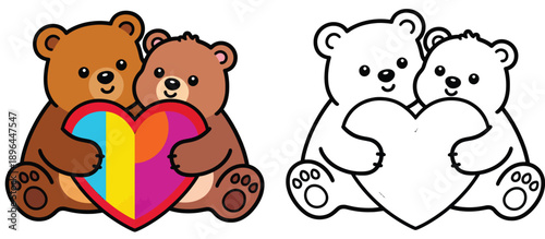 Adorable Teddy Bears with Vibrant Hearts, Cartoon Bears of Love and Friendship with Coloring Page Outline, Children's Valentine Mascot Vector Art