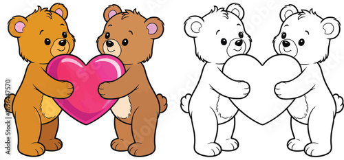 Kids' Valentine Mascot Vector, Love and Friendship Cartoon Bears with Coloring Page Outline, and Adorable Teddy Bears Holding Hearts Illustration