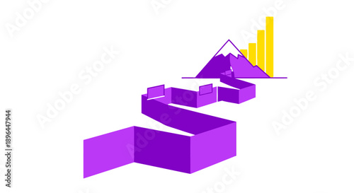 Business Roadmap to Success: Winding Purple Path Leading to Mountain Peak and Financial Growth Bar Chart Illustration