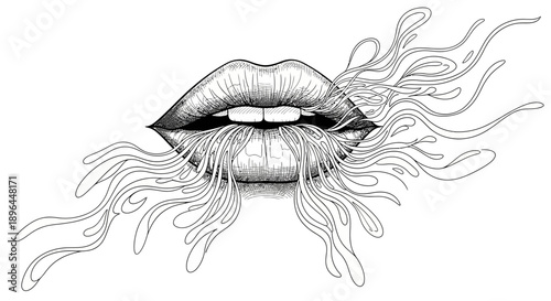 Lips and fluid streaks illustration, artistic line art drawing, abstract concept of expression and communication, white background, monochrome sketch