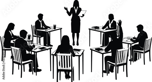 Business meeting and training session silhouette illustration with presenter and team discussion, corporate education concept, black and white vector design
