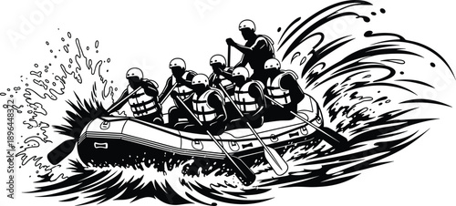 White water rafting adventure illustration with team paddling through wild rapids, black and white extreme sport vector action scene