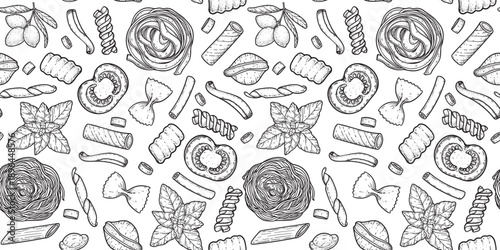Traditional Italian pasta seamless pattern. Vector drawing. Italian food. Staple food. Hand drawn vector illustration. Design for packaging, menu.