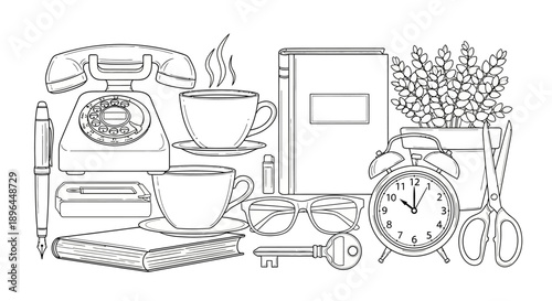 Collection of office and home accessories including a vintage telephone, coffee cups, books, glasses, a key, pen, and a plant, all depicted in line art style for a clean and organized aesthetic