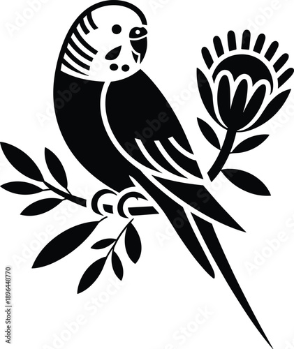 Black and white budgerigar illustration, minimalist bird vector art, stylized parakeet with floral branch design, monochrome wildlife graphic for logos, 