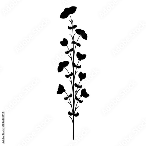 Blooming branch with leaves and flowers. Floral motif. Black silhouette on white background.