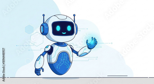 Friendly robot with glowing blue eyes and hands waves enthusiastically forward