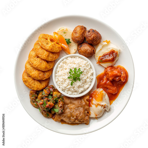 Enjoying a Variety of Traditional Dishes on a White Plate From a Local Restau...