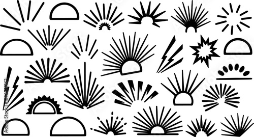 Collection of sunburst and starburst graphic elements minimalist line art icons for design abstract radiant bursts and flashes isolated on white background