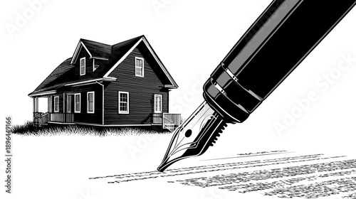 A black and white illustration shows a house being "written" for via a fountain pen, symbolizing contract