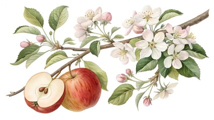 Apple branch with flowers and fruit, vintage botanical watercolor, balanced composition, soft natural lighting, high-resolution clipart