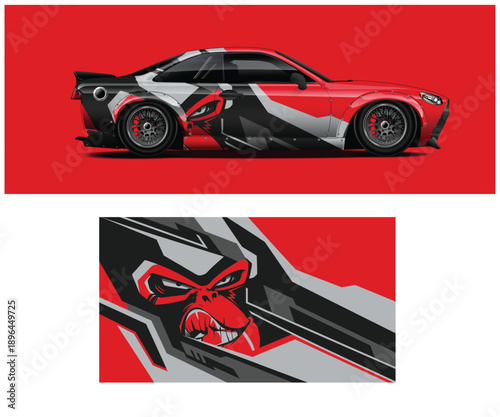 Red and white sports car with black accents and closeup of side panel