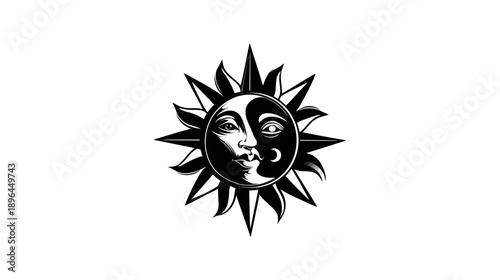 A black and white illustration of the sun and moon together. Both have faces