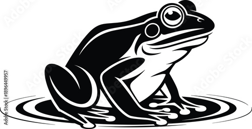 Black and white frog illustration, stylized amphibian vector art, minimalist monochrome wildlife design, bold graphic frog silhouette for logos, branding, tattoos, prints, and modern digital artwork